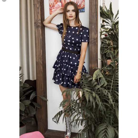 self portrait navy star printed tiered mini dress - Picture 2 of 6
